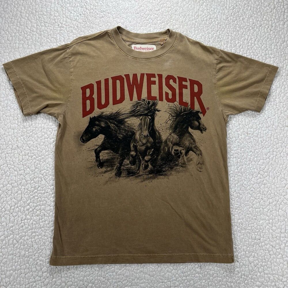 Budweiser Horse Print Brown Graphic T-Shirt Sz S Western Rodeo Cowboy Americana‎